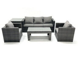 Fimous Rattan Garden Furniture Set Outdoor Lounger Sofa With Coffee Table 2 Armchair Side Table Dark Grey Mixed - thumbnail 2