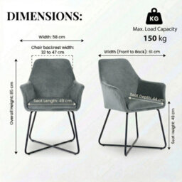 Evre Josie Grey Velvet Dining Chairs Set Of 2 Upholstered Chairs With Arms & Metal Legs - thumbnail 2