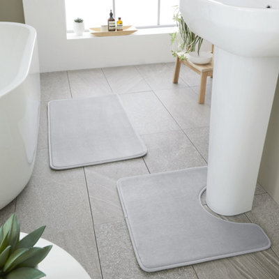 Catherine Lansfield Bathroom Anti-Bacterial Memory Foam Bath Mat And Pedestal Set Silver