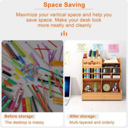 Wooden Desk Organiser Desktop Tidy Pen Holder Stationery Storage With Drawer - thumbnail 4