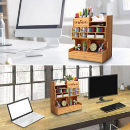 Wooden Desk Organiser Desktop Tidy Pen Holder Stationery Storage With Drawer - thumbnail 5