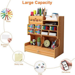 Wooden Desk Organiser Desktop Tidy Pen Holder Stationery Storage With Drawer - thumbnail 3
