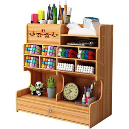 Wooden Desk Organiser Desktop Tidy Pen Holder Stationery Storage With Drawer - thumbnail 1