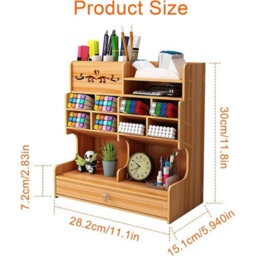 Wooden Desk Organiser Desktop Tidy Pen Holder Stationery Storage With Drawer - thumbnail 2