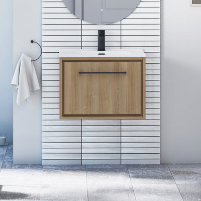 Royal Bathrooms Livora 600mm Natural Oak Wall Hung Bathroom Vanity Unit 1 Drawer With Ceramic Basin & Matt Black Handle - image 1