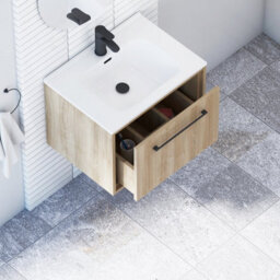 Royal Bathrooms Livora 600mm Natural Oak Wall Hung Bathroom Vanity Unit 1 Drawer With Ceramic Basin & Matt Black Handle - thumbnail 5