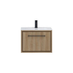 Royal Bathrooms Livora 600mm Natural Oak Wall Hung Bathroom Vanity Unit 1 Drawer With Ceramic Basin & Matt Black Handle - thumbnail 6