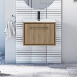 Royal Bathrooms Livora 600mm Natural Oak Wall Hung Bathroom Vanity Unit 1 Drawer With Ceramic Basin & Matt Black Handle - thumbnail 8