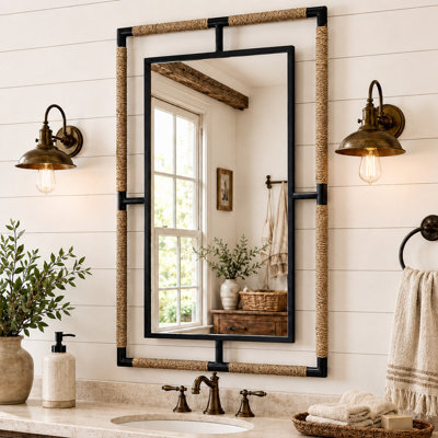 Artloge Black Iron Natural Rope 60X90Cm Wall Mirror Bathroom Vanity Mirror, Horizontal Vertical - image 1