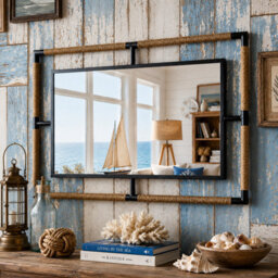Artloge Black Iron Natural Rope 60X90Cm Wall Mirror Bathroom Vanity Mirror, Horizontal Vertical - thumbnail 3