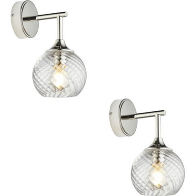 Loops 2 Pack Indoor Bright Nickel Plate Wall Light - Clear Spiral Glass Shade - Dimmable 7W Led E14 - image 1