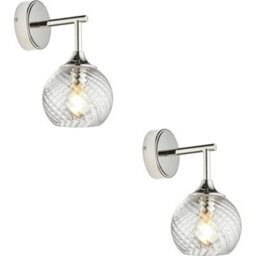 Loops 2 Pack Indoor Bright Nickel Plate Wall Light - Clear Spiral Glass Shade - Dimmable 7W Led E14 - thumbnail 1