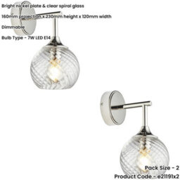 Loops 2 Pack Indoor Bright Nickel Plate Wall Light - Clear Spiral Glass Shade - Dimmable 7W Led E14 - thumbnail 2