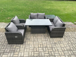 Fimous Rattan Furniture Outdoor Garden Dining Set Height Adjustable Rising Lifting Table Love Sofa Chair With Side Table - thumbnail 2
