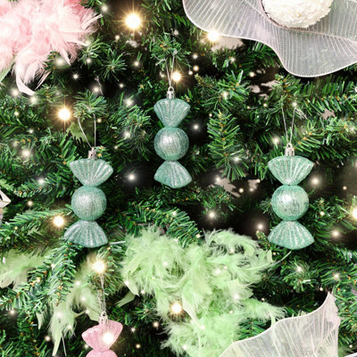 Melody Maison Set Of 3 Sage Green Glitter Sweet Shaped Bauble Decorations - 11Cm - image 1