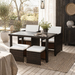 Wyld Haus Nevani Brown 5 Piece Cube Rattan Garden Dining Set With Armchairs Stools And Rectangular Glass Table - thumbnail 1