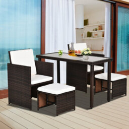 Wyld Haus Nevani Brown 5 Piece Cube Rattan Garden Dining Set With Armchairs Stools And Rectangular Glass Table - thumbnail 3
