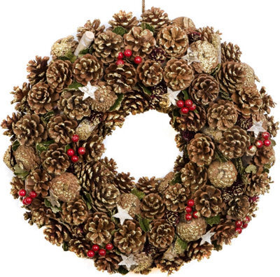 GreenBrokers Premium Quality Christmas Hanging Wreath 48Cm - Festive Pine Cone Display With Gold Frosting - image 1