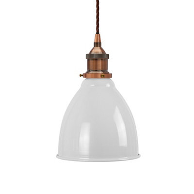 Pale Grey Classic Small Pantry Metal Painted Dome Pendant Light With Antique Copper Lamp Holder And Brown Twisted Cable - Se Home