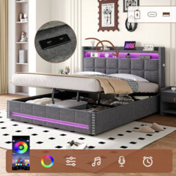 Matteo King Size Upholstered Ottoman Bed Frame With Rgb Led, Usb Charging & Rivet Tufted Headboard - Grey Linen - thumbnail 1