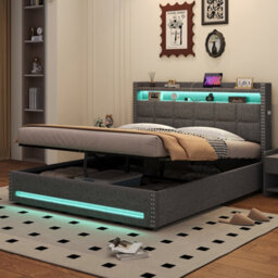 Matteo King Size Upholstered Ottoman Bed Frame With Rgb Led, Usb Charging & Rivet Tufted Headboard - Grey Linen - thumbnail 3