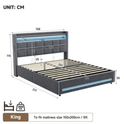Matteo King Size Upholstered Ottoman Bed Frame With Rgb Led, Usb Charging & Rivet Tufted Headboard - Grey Linen - thumbnail 9