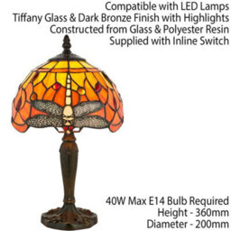 Tiffany Glass Table Lamp Light Dark Bronze Base & Orange Dragonfly Shade I00195 - thumbnail 2
