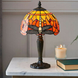 Tiffany Glass Table Lamp Light Dark Bronze Base & Orange Dragonfly Shade I00195 - thumbnail 3