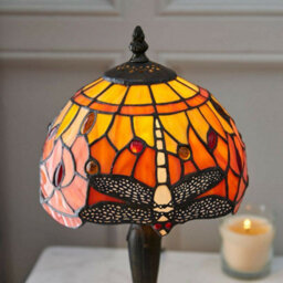 Tiffany Glass Table Lamp Light Dark Bronze Base & Orange Dragonfly Shade I00195 - thumbnail 4