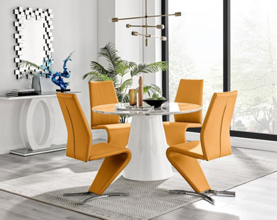 Furniturebox Uk Palma White Marble Effect Round Dining Table & 4 Mustard Willow Chairs - image 1