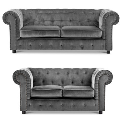 Furnishings For Less UK Ashbourne Chesterfield Grey Velvet Fabric Sofa Suite 3 Seater And 2 Seater Studded Design - image 1