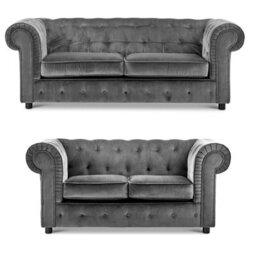 Furnishings For Less UK Ashbourne Chesterfield Grey Velvet Fabric Sofa Suite 3 Seater And 2 Seater Studded Design - thumbnail 1