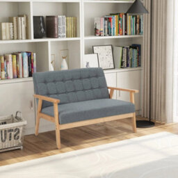 Linen Loveseat Sofa 2 Seat Cushioned Couch With Rubber Wood Frame - thumbnail 4