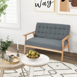 Linen Loveseat Sofa 2 Seat Cushioned Couch With Rubber Wood Frame - thumbnail 6