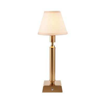 Luminosa Lighting Luminosa Trobridge Rechargeable Brushed Aged Brass Plate Table Lamp With Vintage White Fabric Ivy Shade 16Cm Integrated Led - image 1