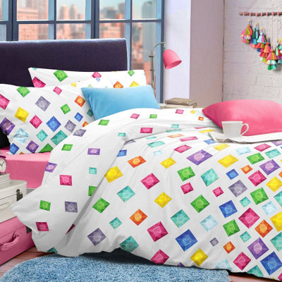 Velosso Modern Bedding Set With Button Enclosure Cotton Blend Duvet Cover & Pillowcase Set, Vibrant Geometric Print - White