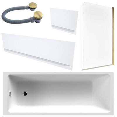 FNX Bathrooms White 1700 X 700 Single-Ended Bath With Waterproof Panel Set Brushed Brass Waste & Reversible Hinged Glass Bath Shower Screen - image 1