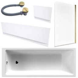 FNX Bathrooms White 1700 X 700 Single-Ended Bath With Waterproof Panel Set Brushed Brass Waste & Reversible Hinged Glass Bath Shower Screen