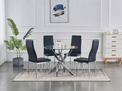 Furnizone UK Rolex 4-Seater 100Cm Round Clear Glass Dining Table And 4 Monza Black Chairs Faux Leather Chairs - image 1
