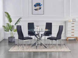 Furnizone UK Rolex 4-Seater 100Cm Round Clear Glass Dining Table And 4 Monza Black Chairs Faux Leather Chairs - thumbnail 1