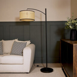 Valuelights Preto Black Metal Curve Stem Floor Lamp With A Natural Cane Wicker Shade With Black Trim - Bulb Included - thumbnail 4