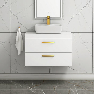 Royal Bathrooms 800mm Wall Hung Vanity Unit 2 Drawer Gloss White & Cube Countertop Basin With Brushed Brass Handle - image 1