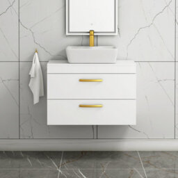 Royal Bathrooms 800mm Wall Hung Vanity Unit 2 Drawer Gloss White & Cube Countertop Basin With Brushed Brass Handle