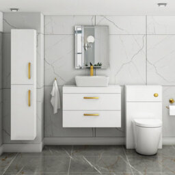 Royal Bathrooms 800mm Wall Hung Vanity Unit 2 Drawer Gloss White & Cube Countertop Basin With Brushed Brass Handle - thumbnail 2