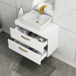 Royal Bathrooms 800mm Wall Hung Vanity Unit 2 Drawer Gloss White & Cube Countertop Basin With Brushed Brass Handle - thumbnail 3