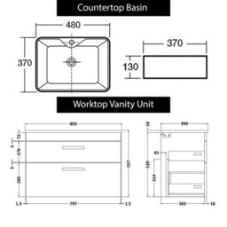 Royal Bathrooms 800mm Wall Hung Vanity Unit 2 Drawer Gloss White & Cube Countertop Basin With Brushed Brass Handle - thumbnail 4