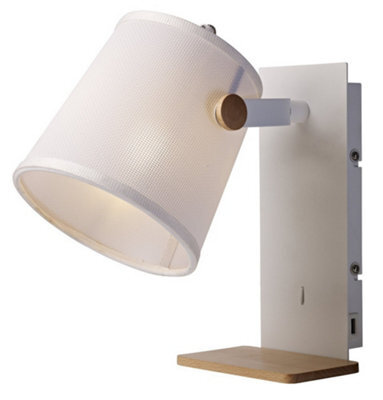 Luminosa Lighting Luminosa Nordica Wall Light With Usb Socket, 1X23W E27, White, Beech With White Shade - image 1