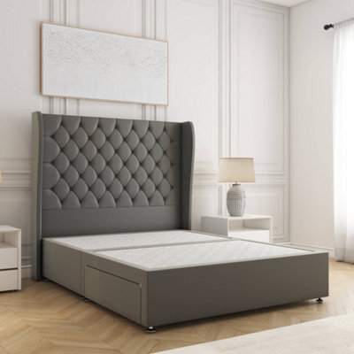Bsspoke Amelia Divan Bed Set Grey Plush Velvet With 54Inch Wingedback Panel Headboard No Drawers No Mattress In All Sizes - image 1