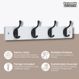Keypak 4 Matte Black Coat Hooks On White Wooden Board - 46Cm Modern Wall Mounted Coat Rack Clothes Hanger - thumbnail 2