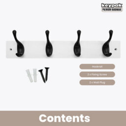 Keypak 4 Matte Black Coat Hooks On White Wooden Board - 46Cm Modern Wall Mounted Coat Rack Clothes Hanger - thumbnail 4